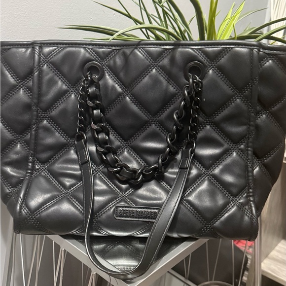 Steve Madden Quilted Black Tote with Chain Straps - Picture 2 of 6